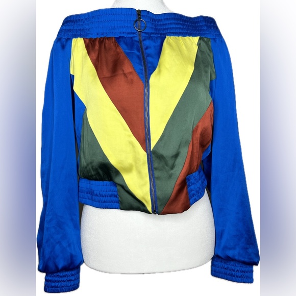BCBG Color Blocked Satin Off Shoulder Bomber Jacket w/ Pockets Size Small - Picture 2 of 11